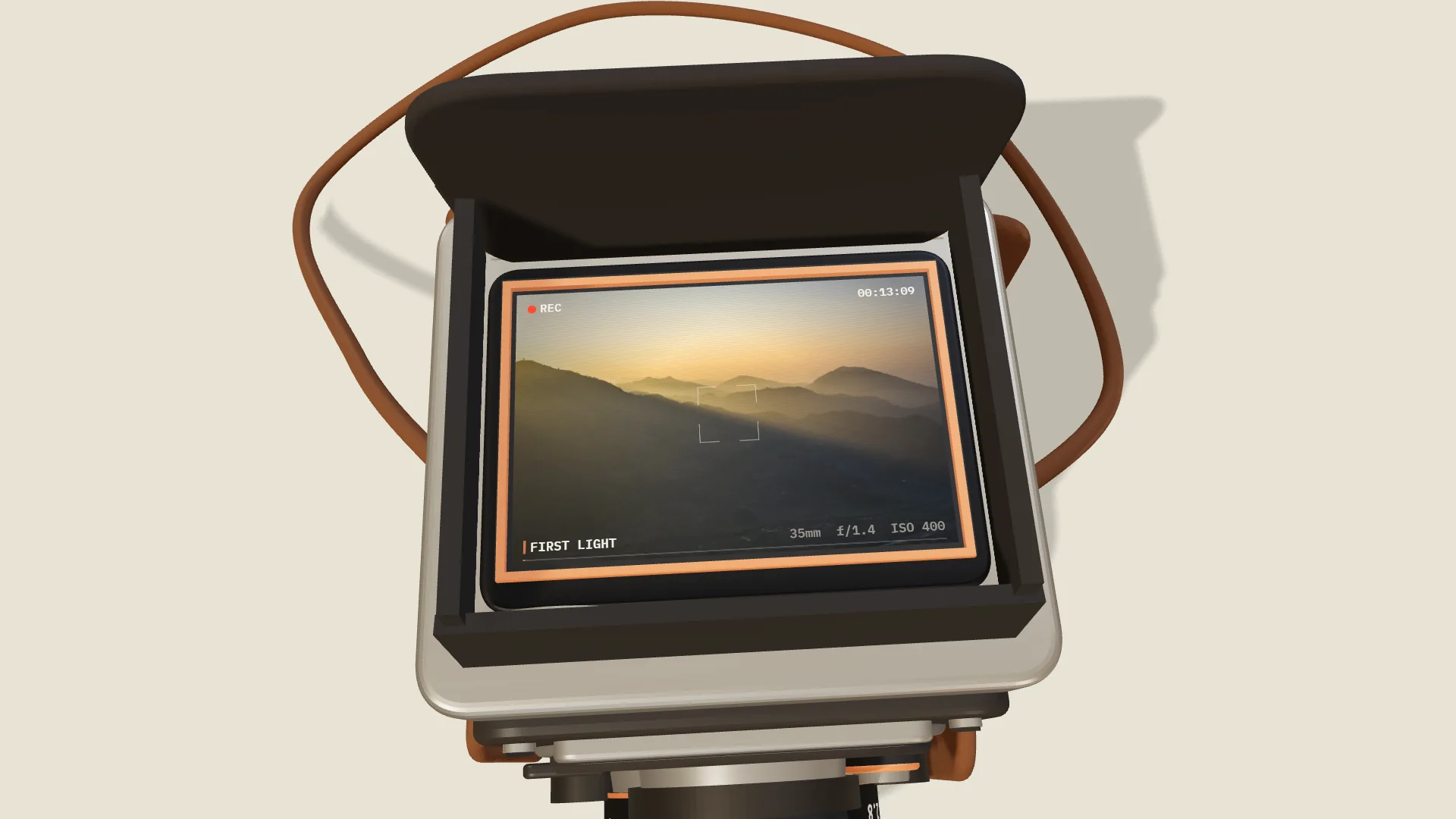 A vintage twin-lens camera in its leather case, a sunrise photograph playing on its ground glass